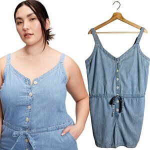 Gap V-Neck Cami Jumpsuit Denim Romper Womens 14 Blue Button Up Chambray Chic NWT